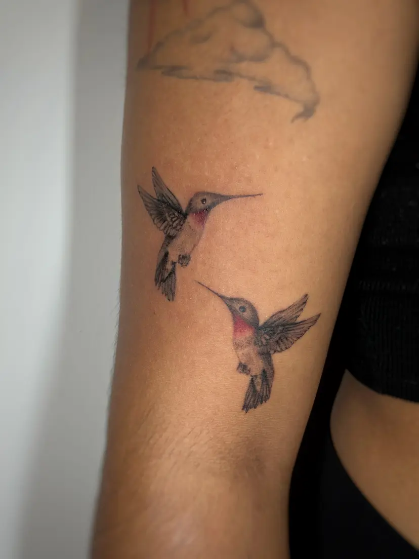 Two hummingbird tattoos with pink throats on the back of an arm