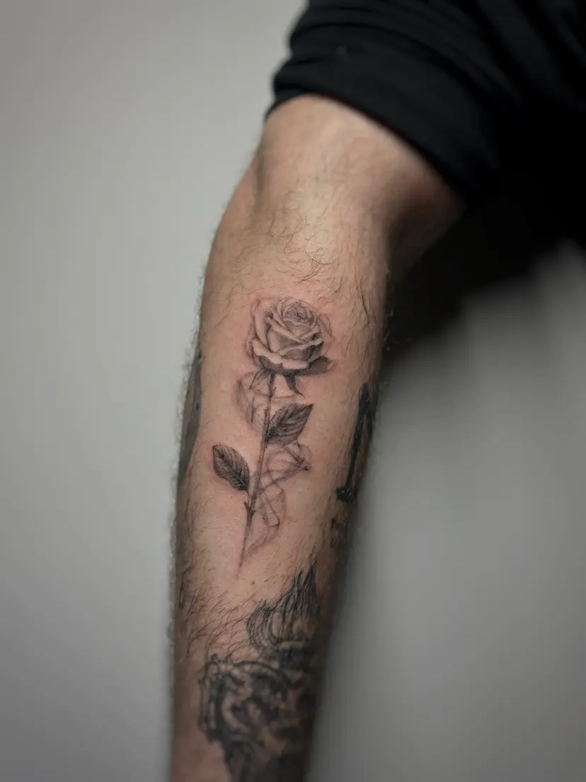 Black and grey rose tattoo on a forearm